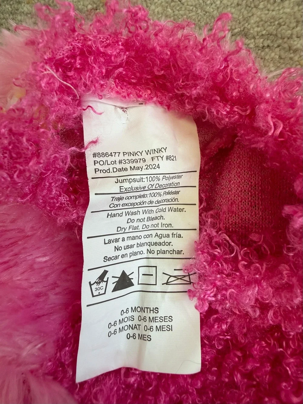 Pinky Winky Baby Monster Costume 0-6M Pink Furry Jumpsuit Halloween